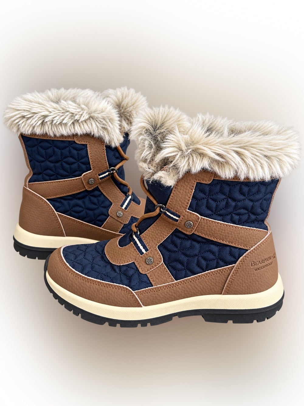BEARPAW Marina 2150W Waterproof Snow Boots Navy Brown Faux Fur Women’s size 8